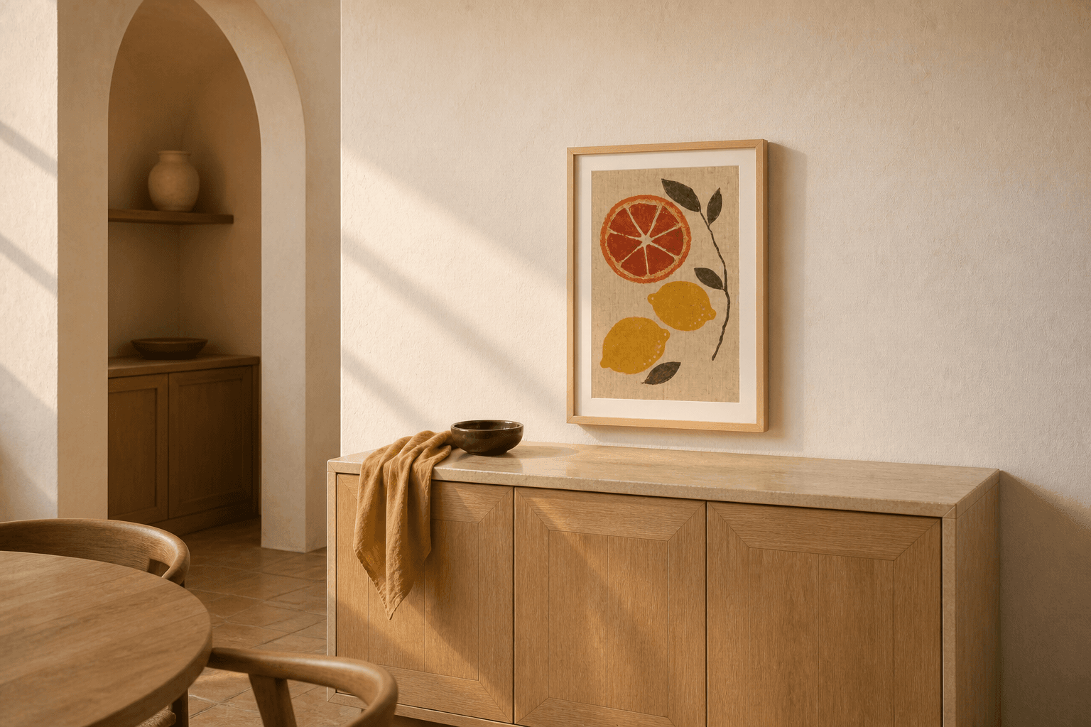 Framed Blood Orange & Lemon artwork hanging above an oak sideboard in a sunlit plaster dining room