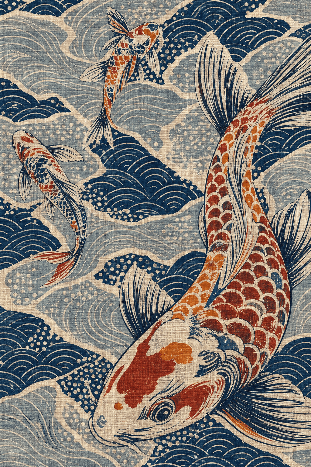 Three rust and indigo koi swimming through layered Japanese wave patterns on linen