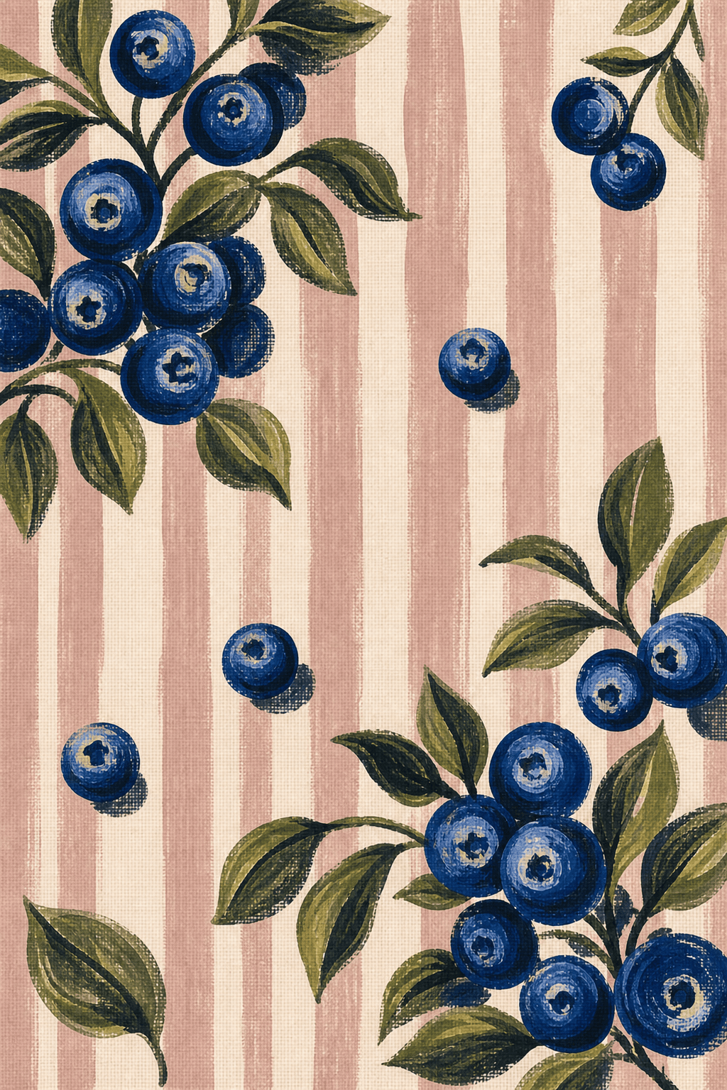 Painterly blue berries and leaves printed over soft rose stripes